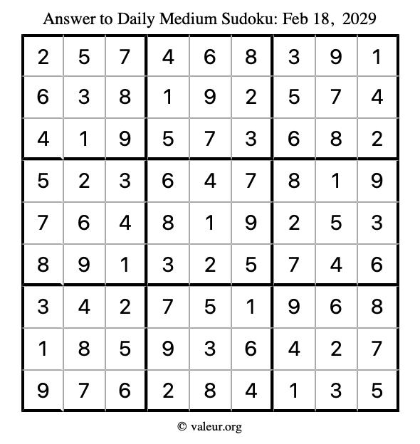 Answer to medium sudoku February 18, 2029