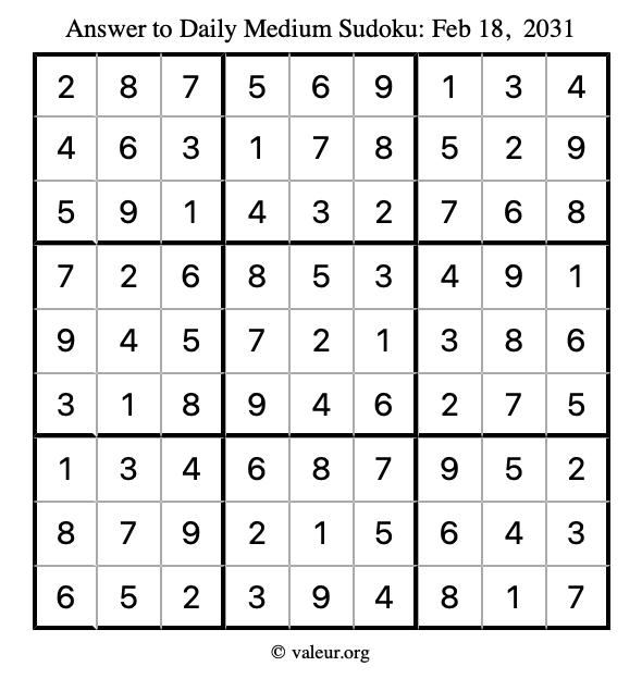 Answer to medium sudoku February 18, 2031