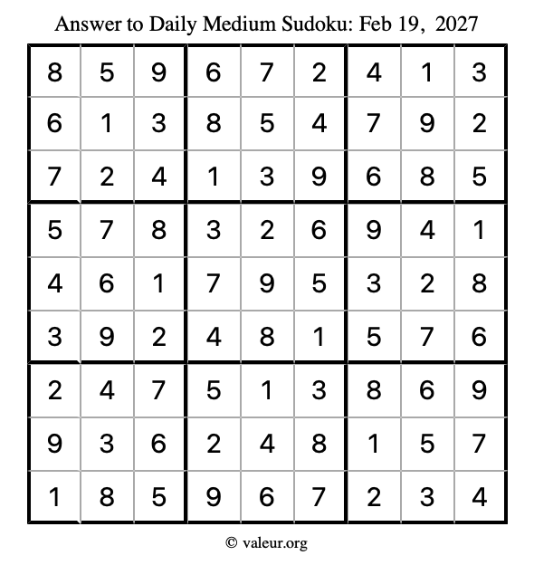 Answer to medium sudoku February 19, 2027