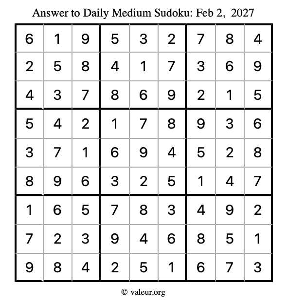 Answer to medium sudoku February 2, 2027