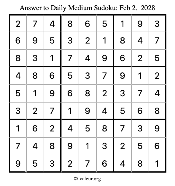 Answer to medium sudoku February 2, 2028