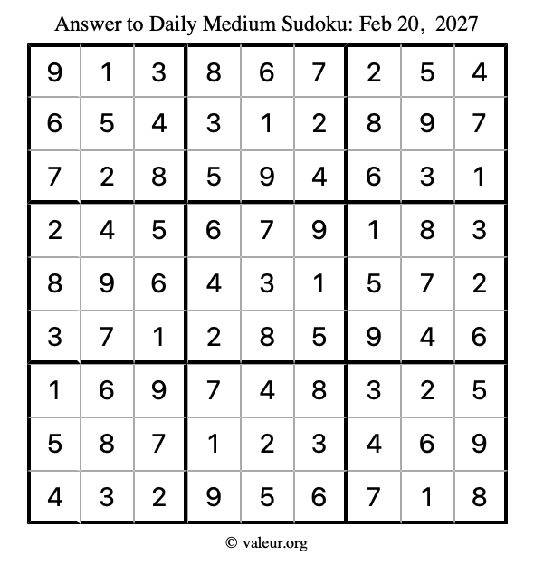 Answer to medium sudoku February 20, 2027