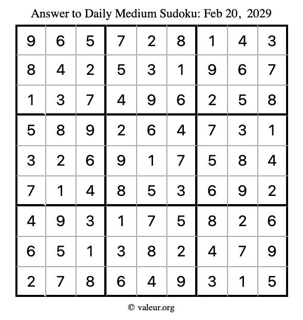 Answer to medium sudoku February 20, 2029
