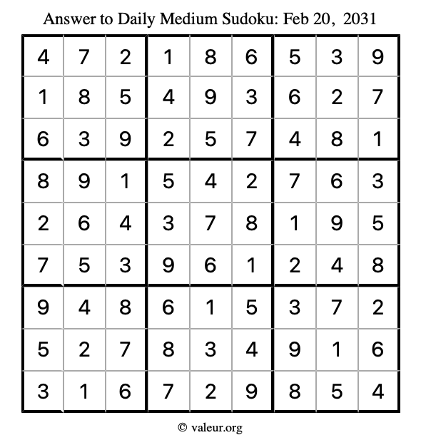 Answer to medium sudoku February 20, 2031