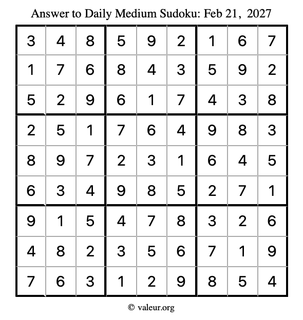 Answer to medium sudoku February 21, 2027