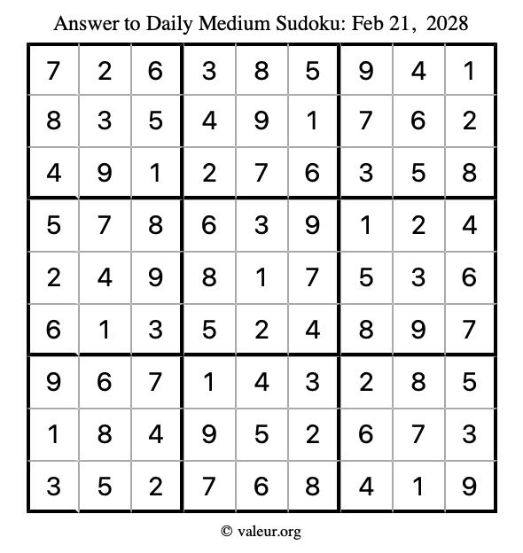 Answer to medium sudoku February 21, 2028