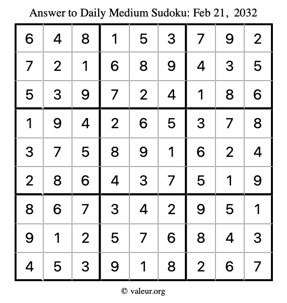 Answer to medium sudoku February 21, 2032