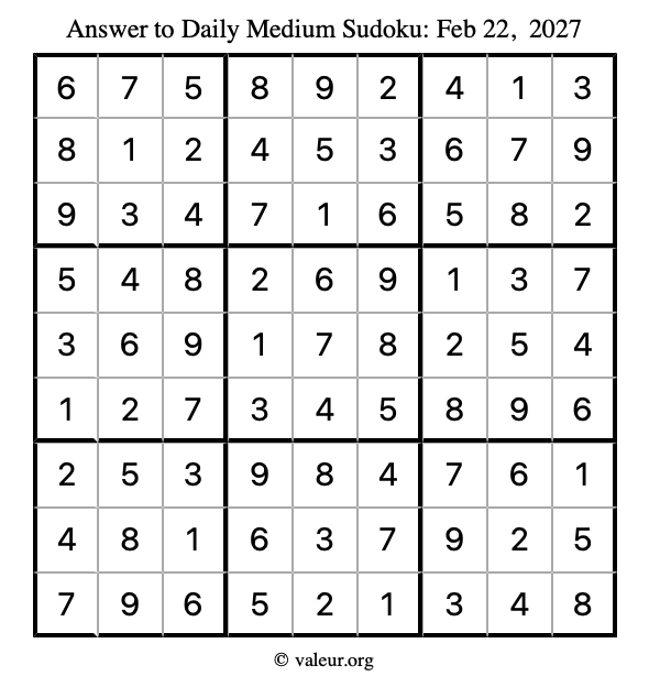 Answer to medium sudoku February 22, 2027