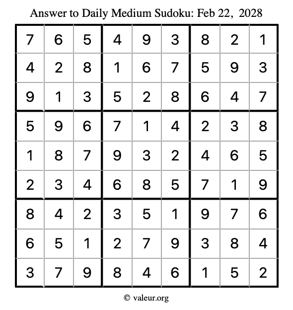 Answer to medium sudoku February 22, 2028