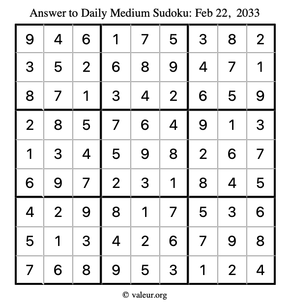 Answer to medium sudoku February 22, 2033