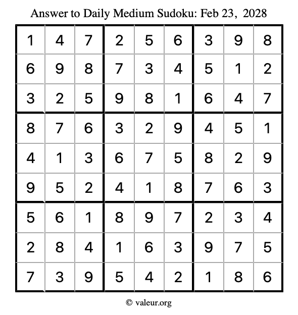 Answer to medium sudoku February 23, 2028