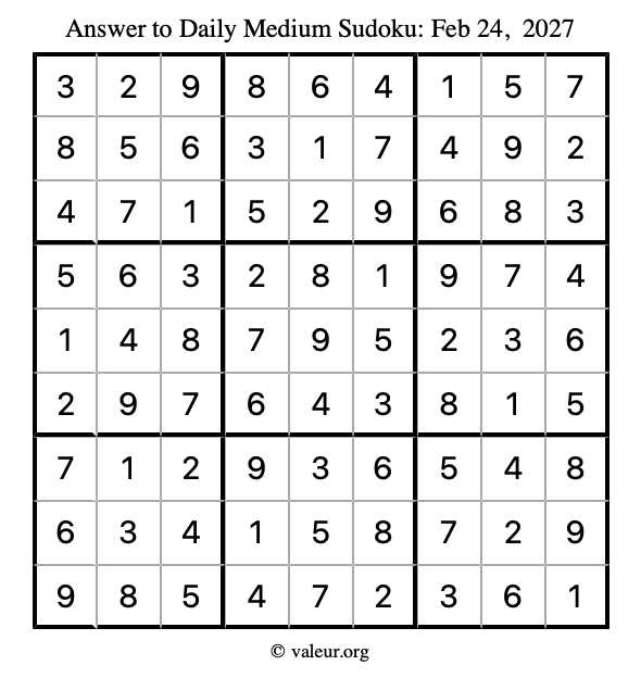 Answer to medium sudoku February 24, 2027
