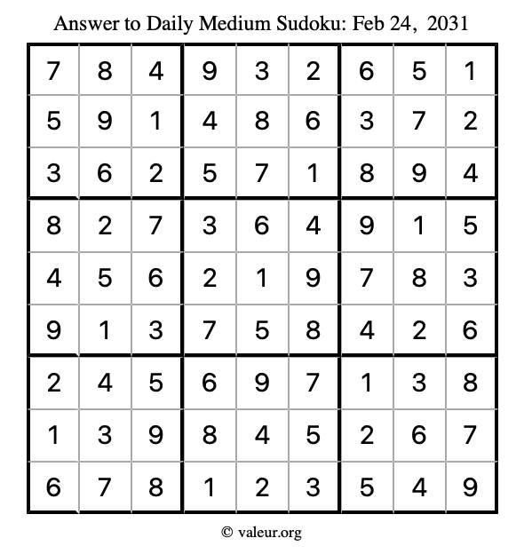 Answer to medium sudoku February 24, 2031
