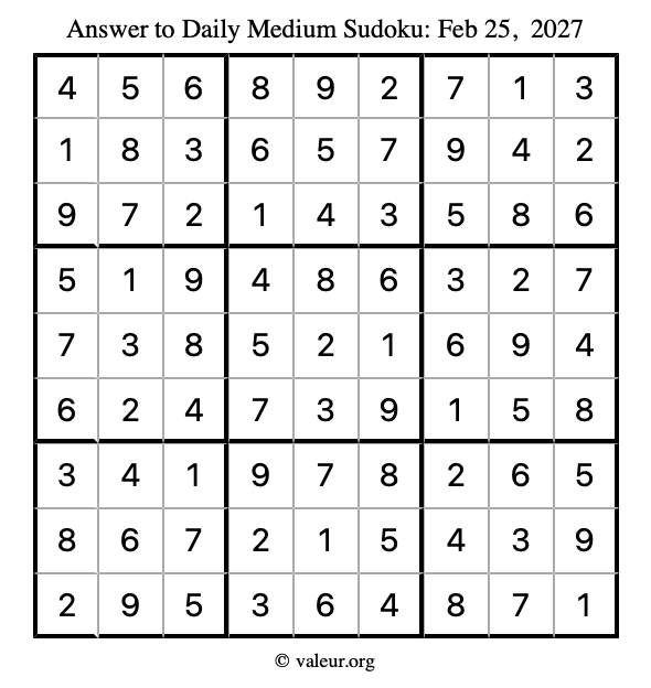 Answer to medium sudoku February 25, 2027