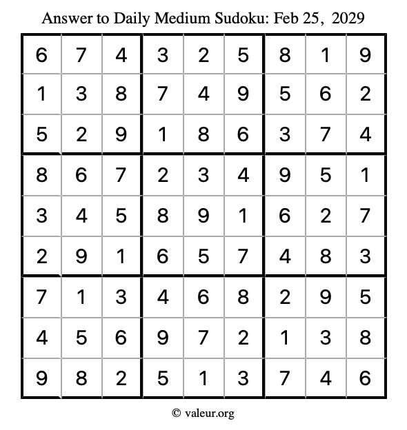 Answer to medium sudoku February 25, 2029