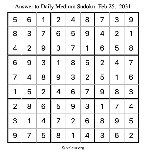 Answer to medium sudoku February 25, 2031