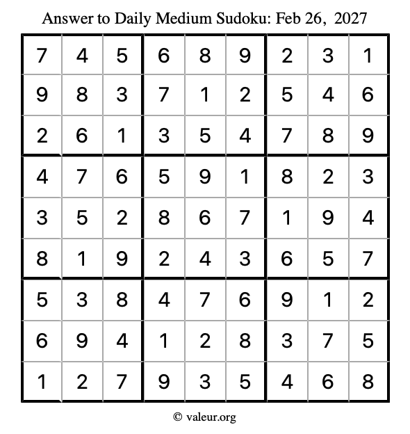 Answer to medium sudoku February 26, 2027