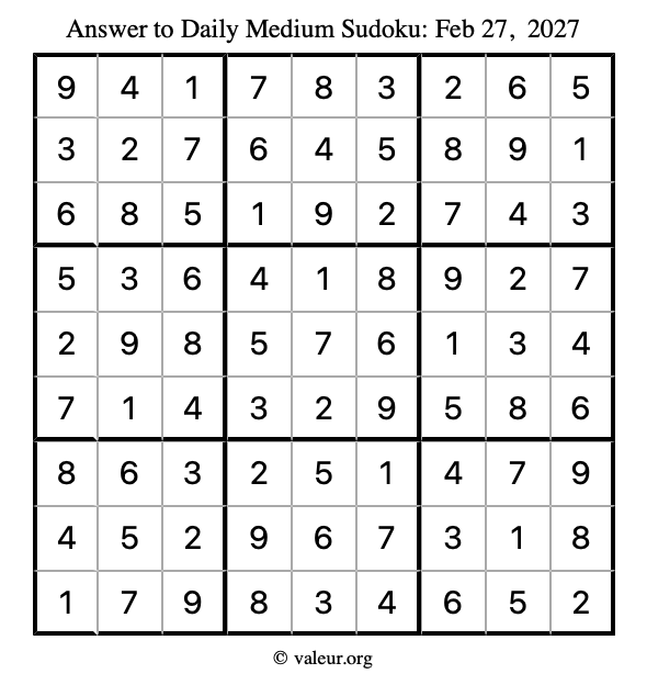 Answer to medium sudoku February 27, 2027