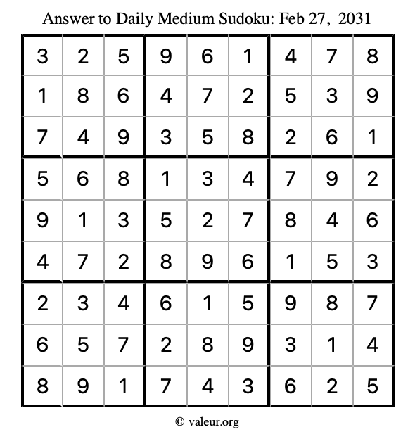 Answer to medium sudoku February 27, 2031