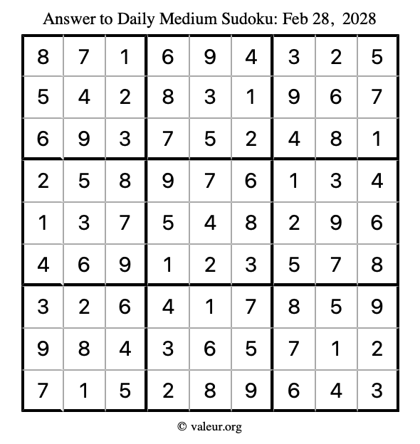 Answer to medium sudoku February 28, 2028