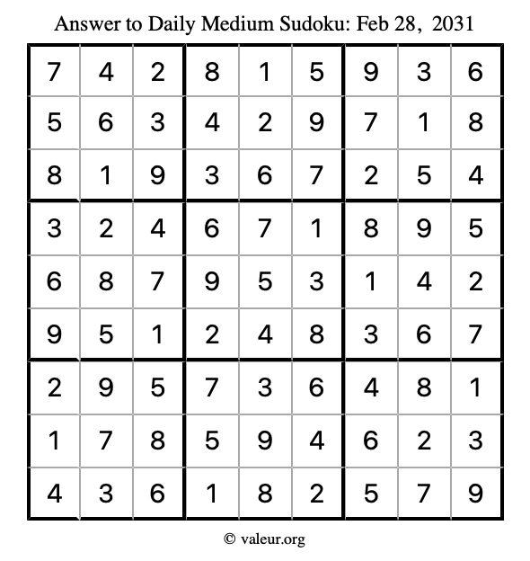 Answer to medium sudoku February 28, 2031