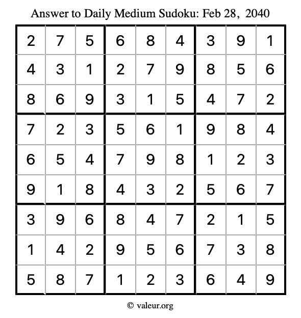 Answer to medium sudoku February 28, 2040
