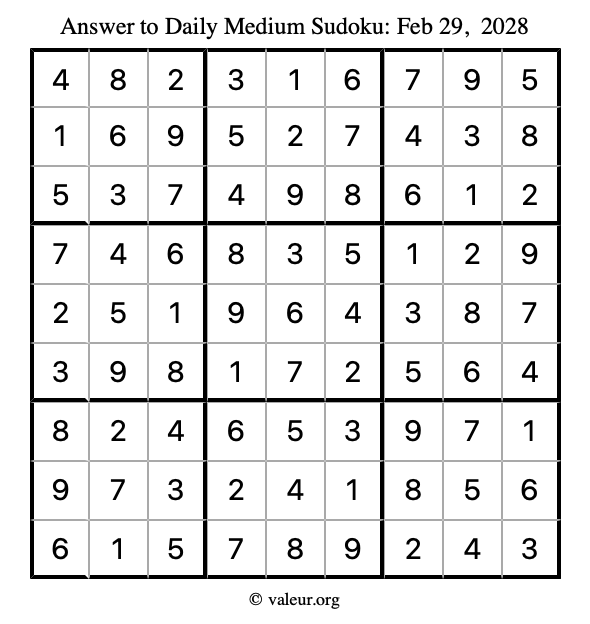 Answer to medium sudoku February 29, 2028