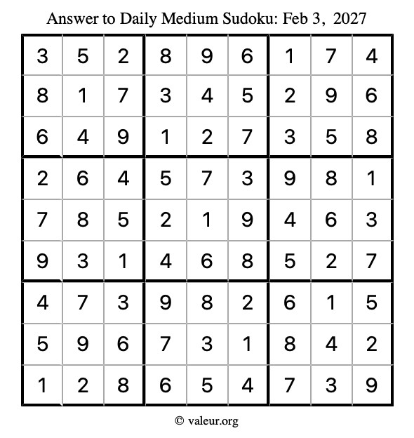 Answer to medium sudoku February 3, 2027
