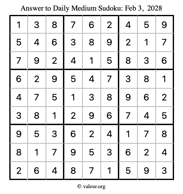 Answer to medium sudoku February 3, 2028