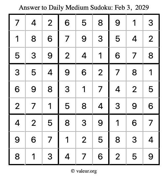 Answer to medium sudoku February 3, 2029