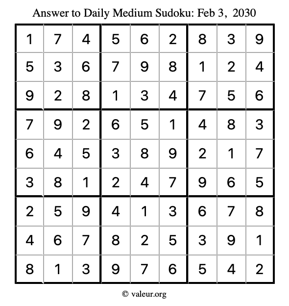 Answer to medium sudoku February 3, 2030