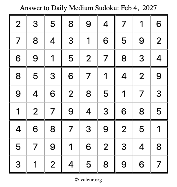 Answer to medium sudoku February 4, 2027