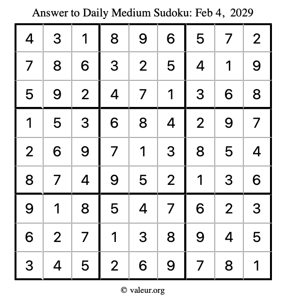 Answer to medium sudoku February 4, 2029