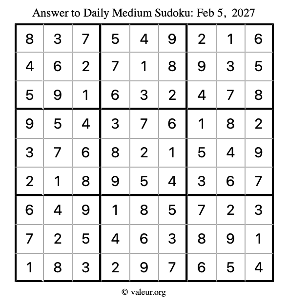 Answer to medium sudoku February 5, 2027