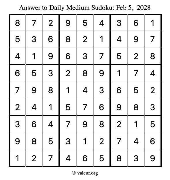 Answer to medium sudoku February 5, 2028