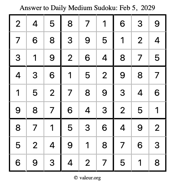Answer to medium sudoku February 5, 2029