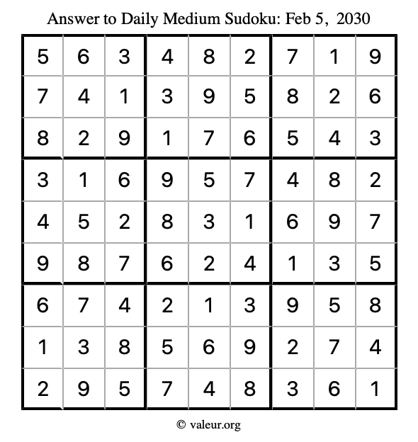 Answer to medium sudoku February 5, 2030