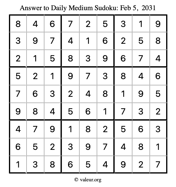 Answer to medium sudoku February 5, 2031
