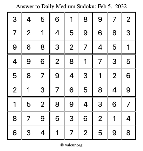 Answer to medium sudoku February 5, 2032
