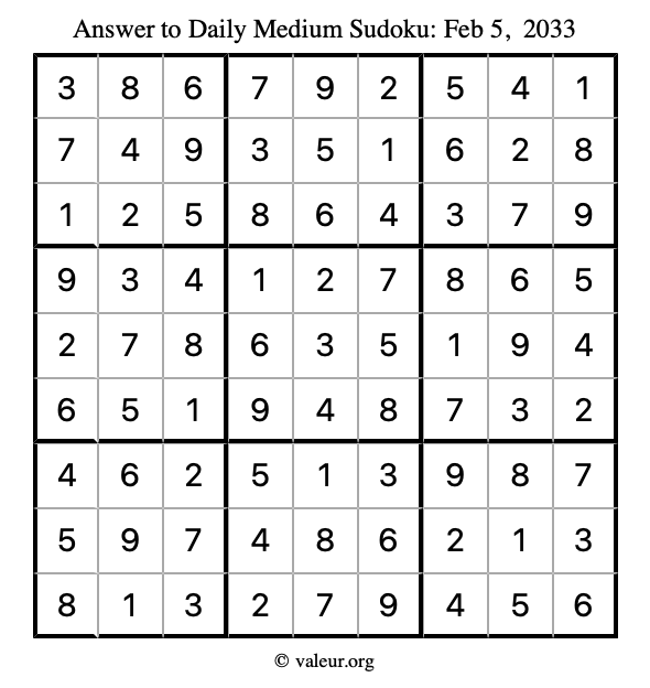 Answer to medium sudoku February 5, 2033