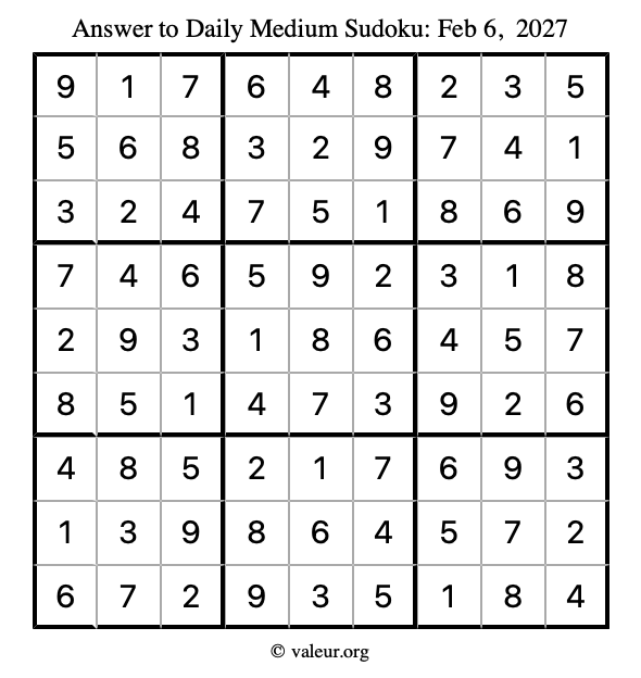 Answer to medium sudoku February 6, 2027
