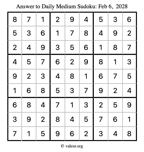 Answer to medium sudoku February 6, 2028