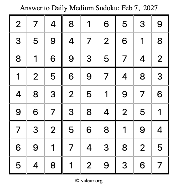 Answer to medium sudoku February 7, 2027