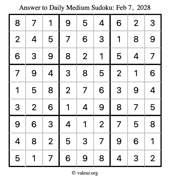 Answer to medium sudoku February 7, 2028