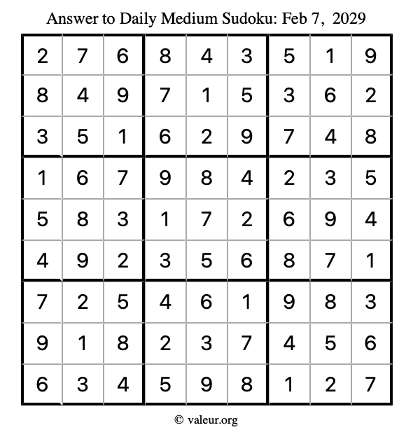 Answer to medium sudoku February 7, 2029