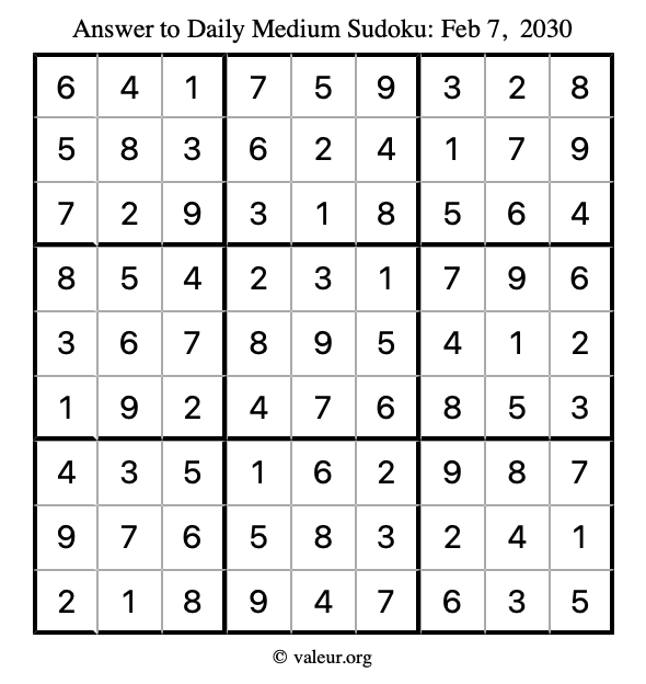 Answer to medium sudoku February 7, 2030
