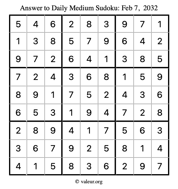 Answer to medium sudoku February 7, 2032