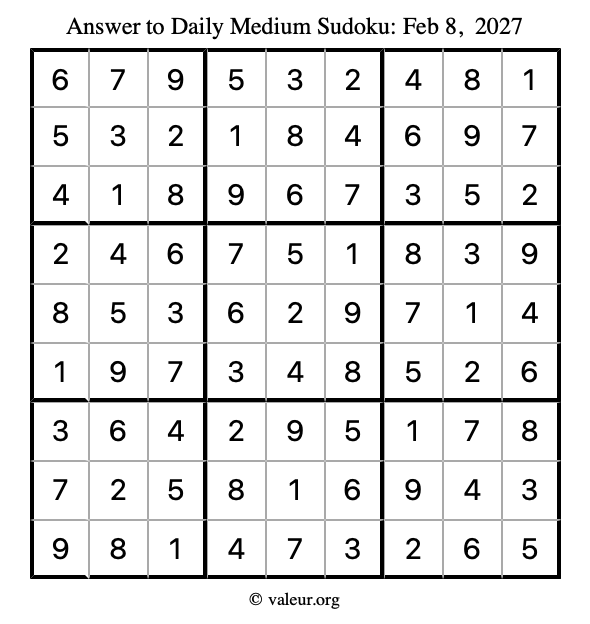 Answer to medium sudoku February 8, 2027