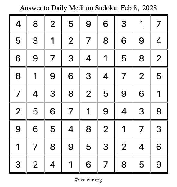 Answer to medium sudoku February 8, 2028