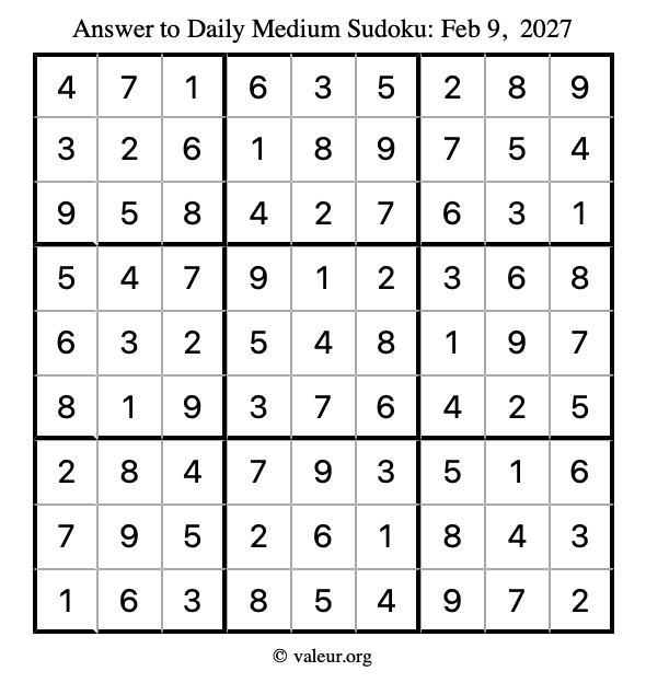 Answer to medium sudoku February 9, 2027